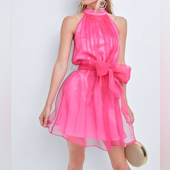 VENUS Dresses & Skirts - Venus Hot Pink Organza Halter Mini Dress- Size M NWOT